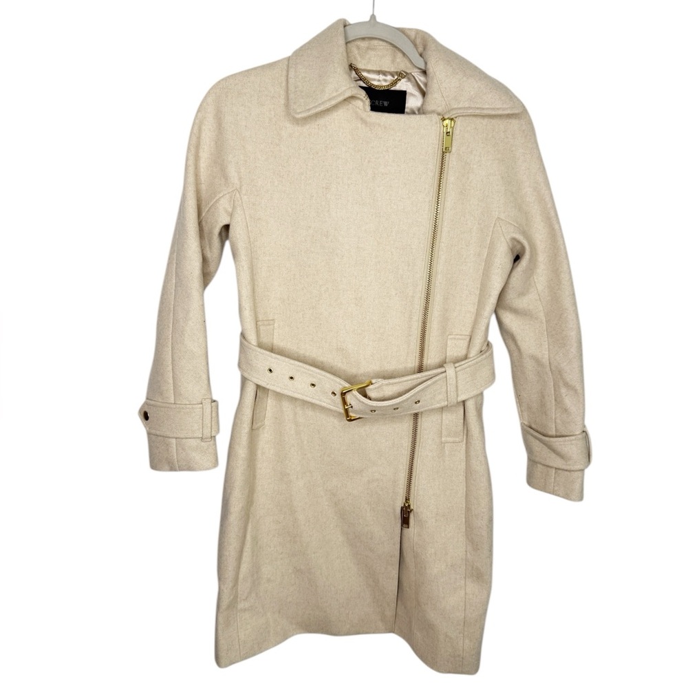 J. CREW Wool Zip Up Belted Cream Peacoat Size 0 Petite NWT E5591